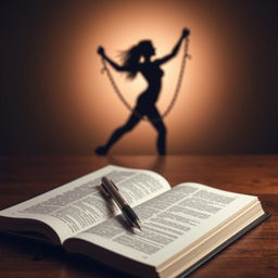 An open book lying on a wooden table with a sleek pen writing elegantly in it