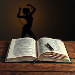 An open book lying on a wooden table with a sleek pen writing elegantly in it