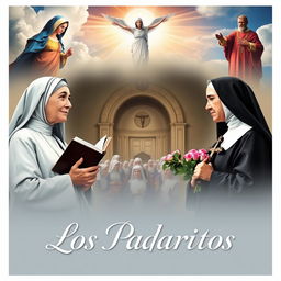 A cinematic poster featuring Santa Teresa de Jesús holding a book and Santa Teresa de Lisieux with roses and a crucifix, engaged in a conversation