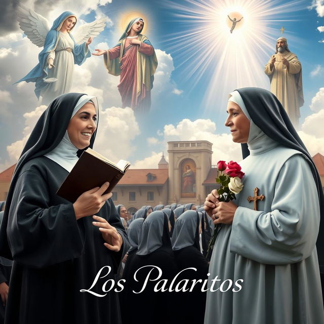 A cinematic poster featuring Santa Teresa de Jesús holding a book and Santa Teresa de Lisieux with roses and a crucifix, engaged in a conversation