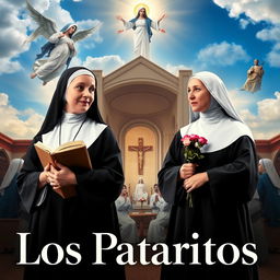 A cinematic poster featuring Santa Teresa de Jesús holding a book and Santa Teresa de Lisieux with roses and a crucifix, engaged in a conversation