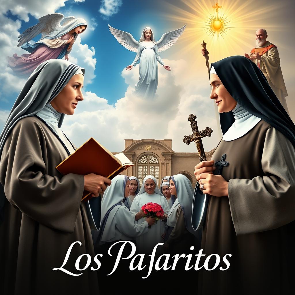 A cinematic poster featuring Santa Teresa de Jesús holding a book and Santa Teresa de Lisieux with roses and a crucifix, engaged in a conversation