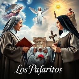 A cinematic poster featuring Santa Teresa de Jesús holding a book and Santa Teresa de Lisieux with roses and a crucifix, engaged in a conversation