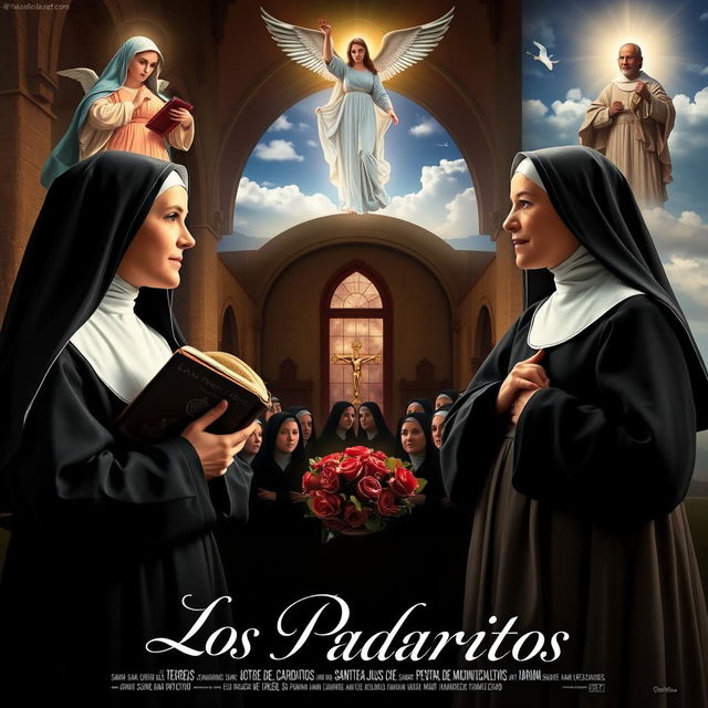 A cinematic poster featuring Santa Teresa de Jesús holding a book and Santa Teresa de Lisieux with roses and a crucifix, engaged in an intimate conversation