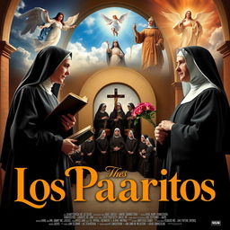 A cinematic poster featuring Santa Teresa de Jesús holding a book and Santa Teresa de Lisieux with roses and a crucifix, engaged in an intimate conversation