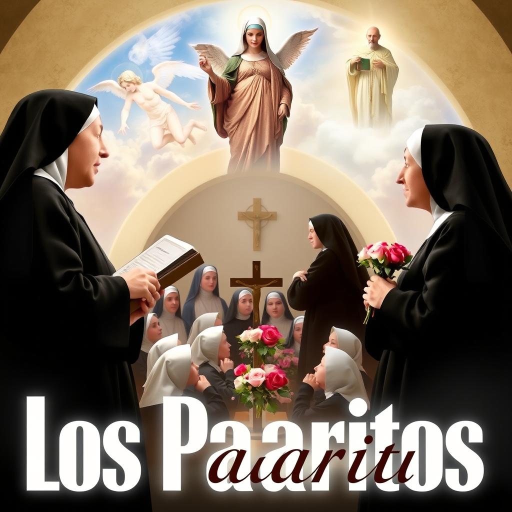 A cinematic poster featuring Santa Teresa de Jesús holding a book and Santa Teresa de Lisieux with roses and a crucifix, engaged in an intimate conversation