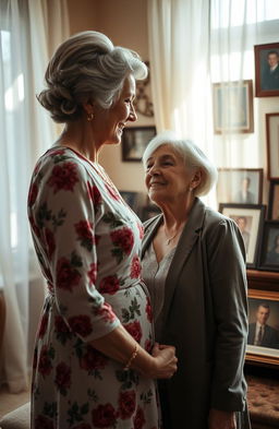 A dramatic scene depicting two generations of women, a grandmother and her granddaughter, standing face to face in a softly lit room filled with vintage family photographs