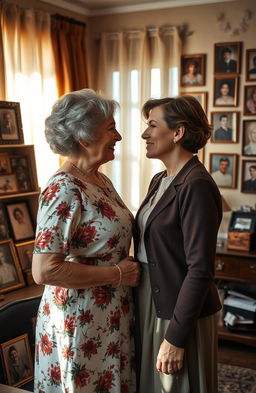A dramatic scene depicting two generations of women, a grandmother and her granddaughter, standing face to face in a softly lit room filled with vintage family photographs