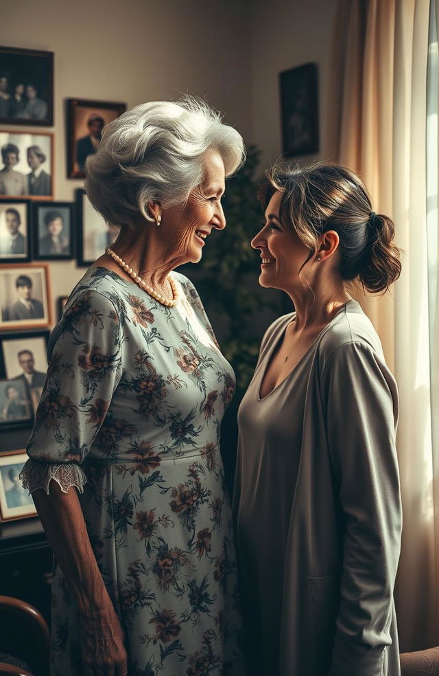 A dramatic scene depicting two generations of women, a grandmother and her granddaughter, standing face to face in a softly lit room filled with vintage family photographs