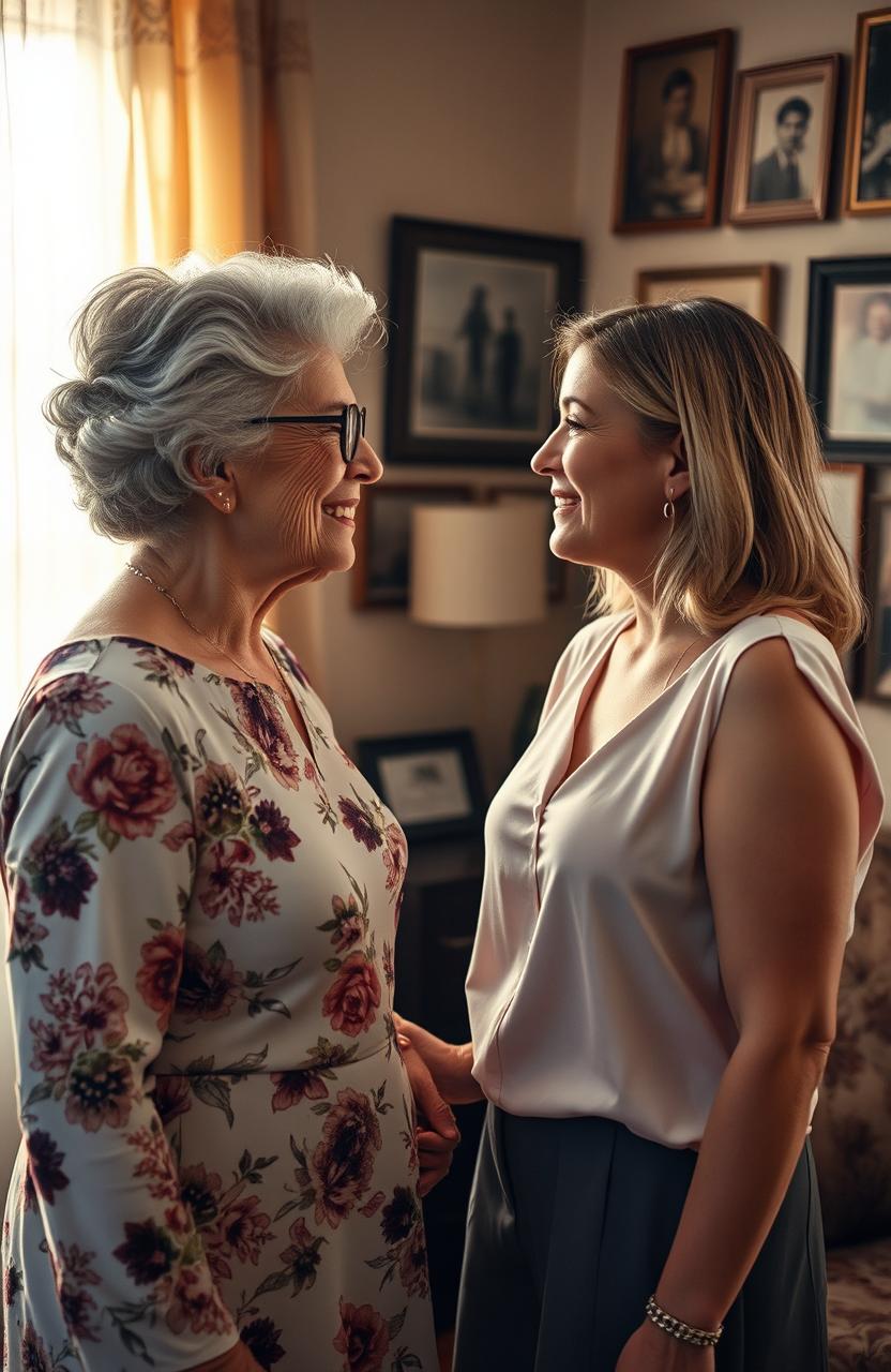 A dramatic scene depicting two generations of women, a grandmother and her granddaughter, standing face to face in a softly lit room filled with vintage family photographs