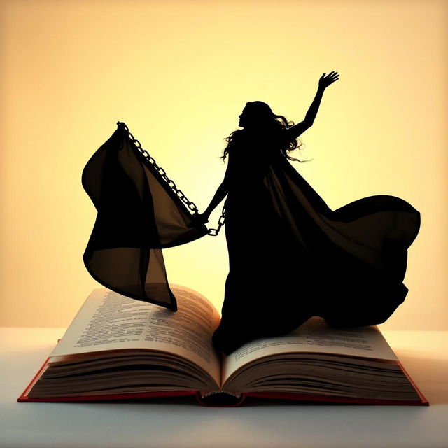 A striking silhouette of a graceful lady breaking free from chains, her figure elegantly rising from the pages of an open book