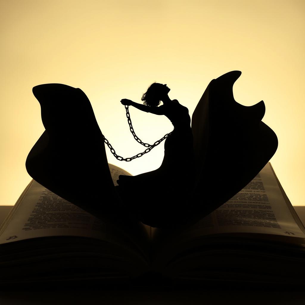 A striking silhouette of a graceful lady breaking free from chains, her figure elegantly rising from the pages of an open book