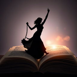 A striking silhouette of a graceful lady breaking free from chains, her figure elegantly rising from the pages of an open book