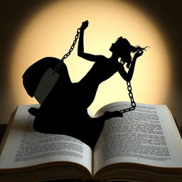 A striking silhouette of a graceful lady breaking free from chains, her figure elegantly rising from the pages of an open book
