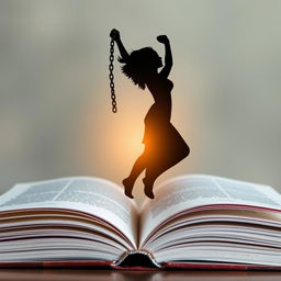 A striking silhouette of a woman breaking free from chains, symbolizing liberation and empowerment, rising gracefully from the pages of an open book