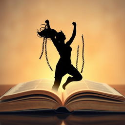 A striking silhouette of a woman breaking free from chains, symbolizing liberation and empowerment, rising gracefully from the pages of an open book