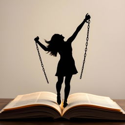 A striking silhouette of a woman breaking free from chains, symbolizing liberation and empowerment, rising gracefully from the pages of an open book