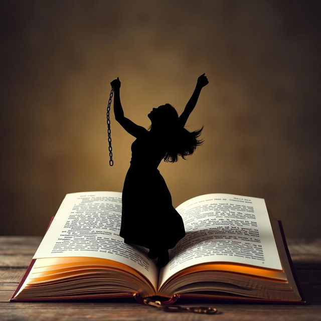 A striking silhouette of a woman breaking free from chains, symbolizing liberation and empowerment, rising gracefully from the pages of an open book