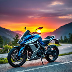 A sleek and futuristic Koneggsigg motorcycle parked on a scenic mountain road