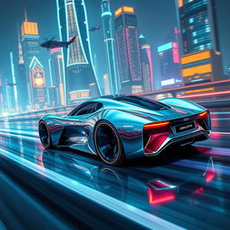 A sleek, futuristic car design gliding through a neon-lit cityscape at night