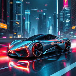 A sleek, futuristic car design gliding through a neon-lit cityscape at night