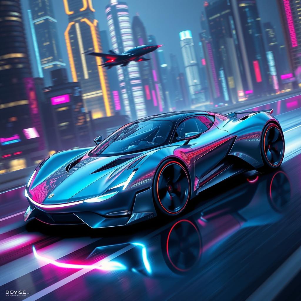 A sleek, futuristic car design gliding through a neon-lit cityscape at night