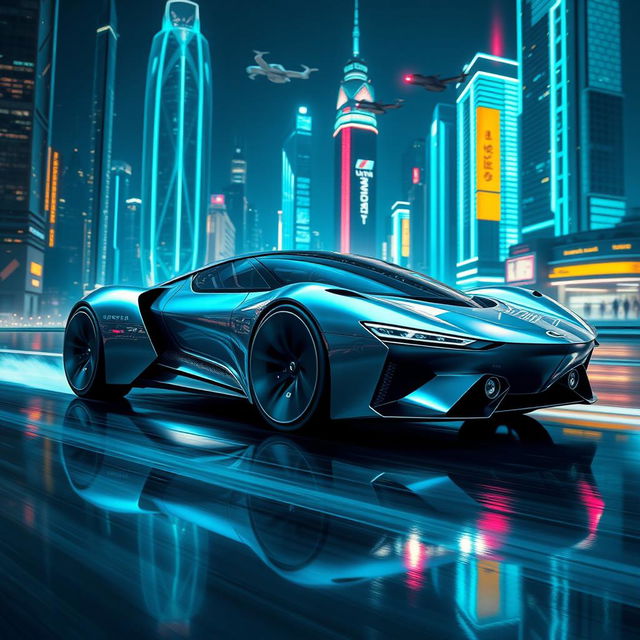 A sleek, futuristic car design gliding through a neon-lit cityscape at night