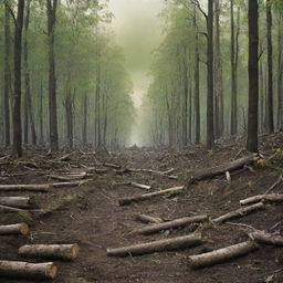 An HD, modern-style environmental protest poster vividly illustrating human-caused deforestation and environmental destruction. Stressing on the stark contrast between untouched lush green forests and barren, devastated lands.