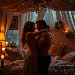 An intimate scene depicting a couple in a romantic embrace, sharing a passionate moment in a beautifully decorated bedroom