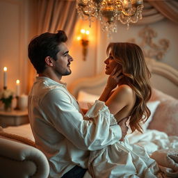 An intimate scene depicting a couple in a romantic embrace, sharing a passionate moment in a beautifully decorated bedroom