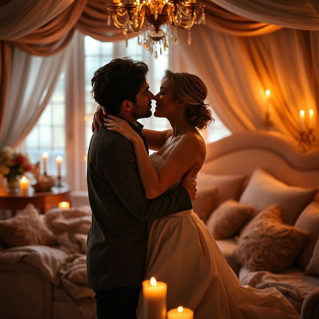 An intimate scene depicting a couple in a romantic embrace, sharing a passionate moment in a beautifully decorated bedroom