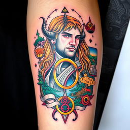 A colorful neotraditional tattoo design featuring an intricate and detailed depiction of a character from the movie 'The Lord of the Rings