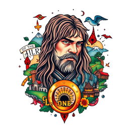 A colorful neotraditional tattoo design featuring an intricate and detailed depiction of a character from the movie 'The Lord of the Rings