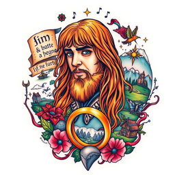 A colorful neotraditional tattoo design featuring an intricate and detailed depiction of a character from the movie 'The Lord of the Rings