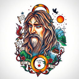 A colorful neotraditional tattoo design featuring an intricate and detailed depiction of a character from the movie 'The Lord of the Rings