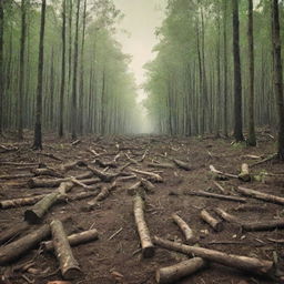 An HD, modern-style environmental protest poster vividly illustrating human-caused deforestation and environmental destruction. Stressing on the stark contrast between untouched lush green forests and barren, devastated lands.