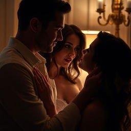 A sensual scene subtly capturing a moment of intimacy between a couple, focusing on their emotional connection and the allure of their shared experience
