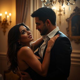 A sensual scene subtly capturing a moment of intimacy between a couple, focusing on their emotional connection and the allure of their shared experience