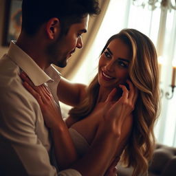 A sensual scene subtly capturing a moment of intimacy between a couple, focusing on their emotional connection and the allure of their shared experience