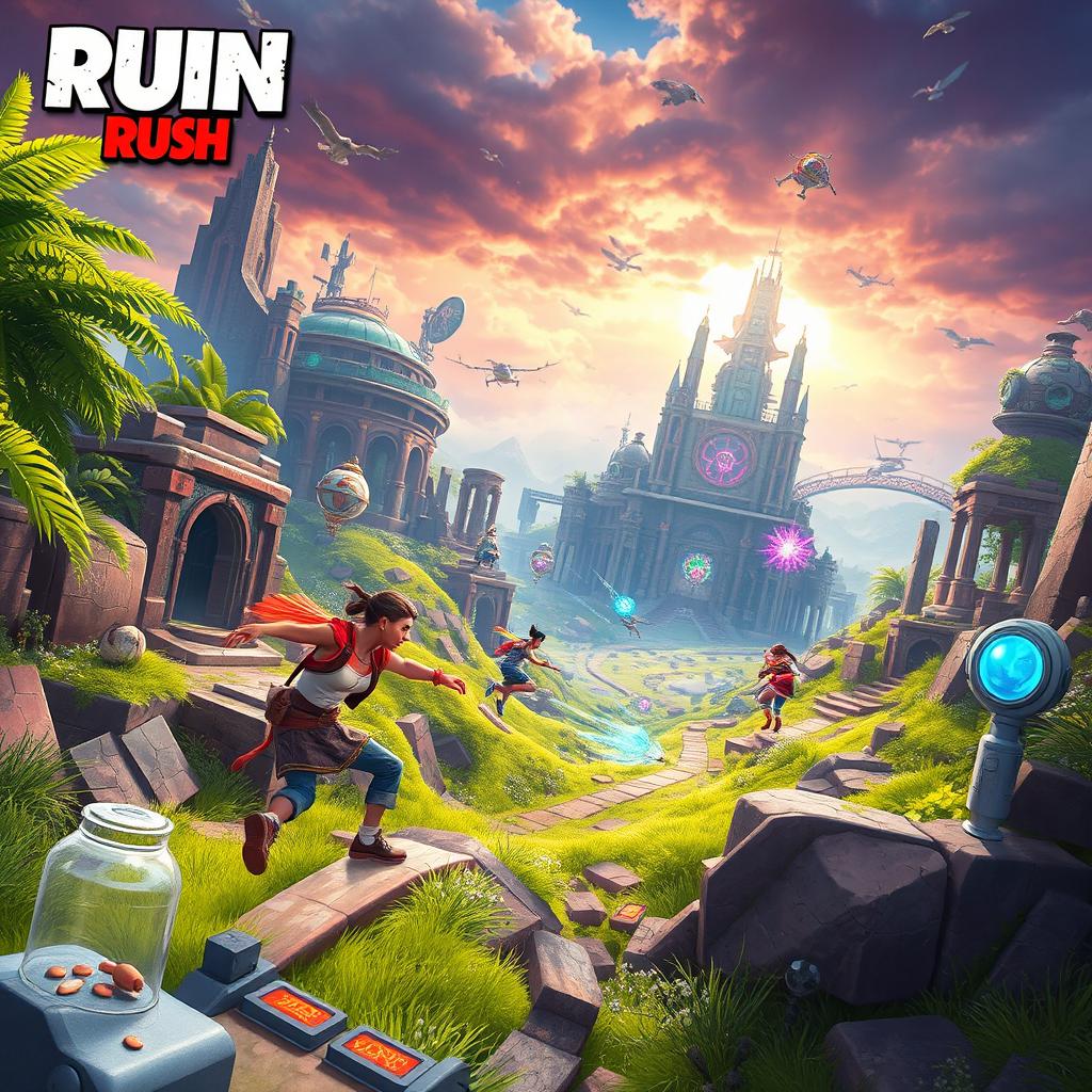 A vibrant and action-packed scene featuring dynamic gameplay elements from the video game Ruin Rush