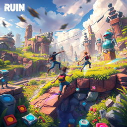 A vibrant and action-packed scene featuring dynamic gameplay elements from the video game Ruin Rush