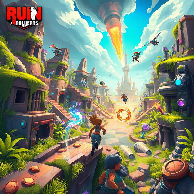 A vibrant and action-packed scene featuring dynamic gameplay elements from the video game Ruin Rush