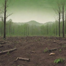 An HD, modern-style environmental protest poster vividly illustrating human-caused deforestation and environmental destruction. Stressing on the stark contrast between untouched lush green forests and barren, devastated lands.