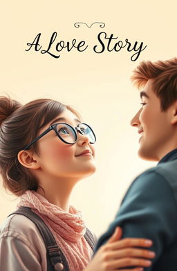 A girl with glasses and a messy bun looking up admiringly at a handsome boy, who is smiling back at her
