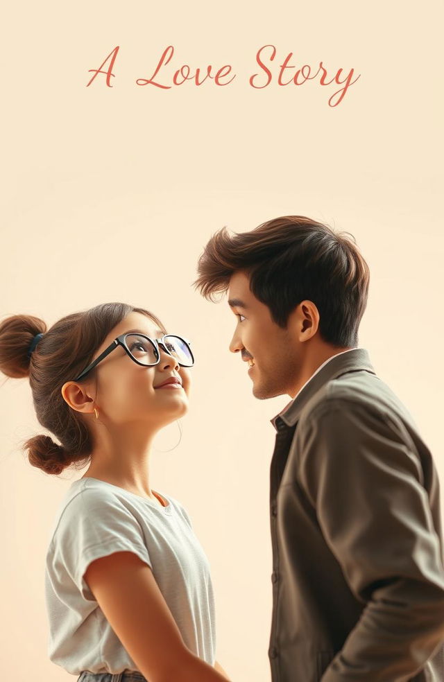 A girl with glasses and a messy bun looking up admiringly at a handsome boy, who is smiling back at her