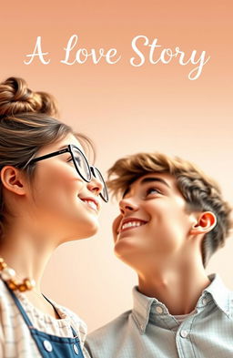 A girl with glasses and a messy bun looking up admiringly at a handsome boy, who is smiling back at her