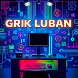 A vibrant and modern internet cafe poster featuring LED lights, showcasing the name 'GRK Luban' prominently displayed in bold and contemporary font