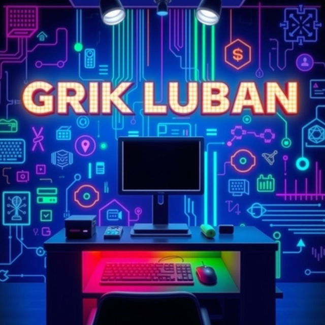 A vibrant and modern internet cafe poster featuring LED lights, showcasing the name 'GRK Luban' prominently displayed in bold and contemporary font