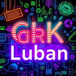 A vibrant and modern internet cafe poster featuring LED lights, showcasing the name 'GRK Luban' prominently displayed in bold and contemporary font