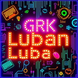 A vibrant and modern internet cafe poster featuring LED lights, showcasing the name 'GRK Luban' prominently displayed in bold and contemporary font